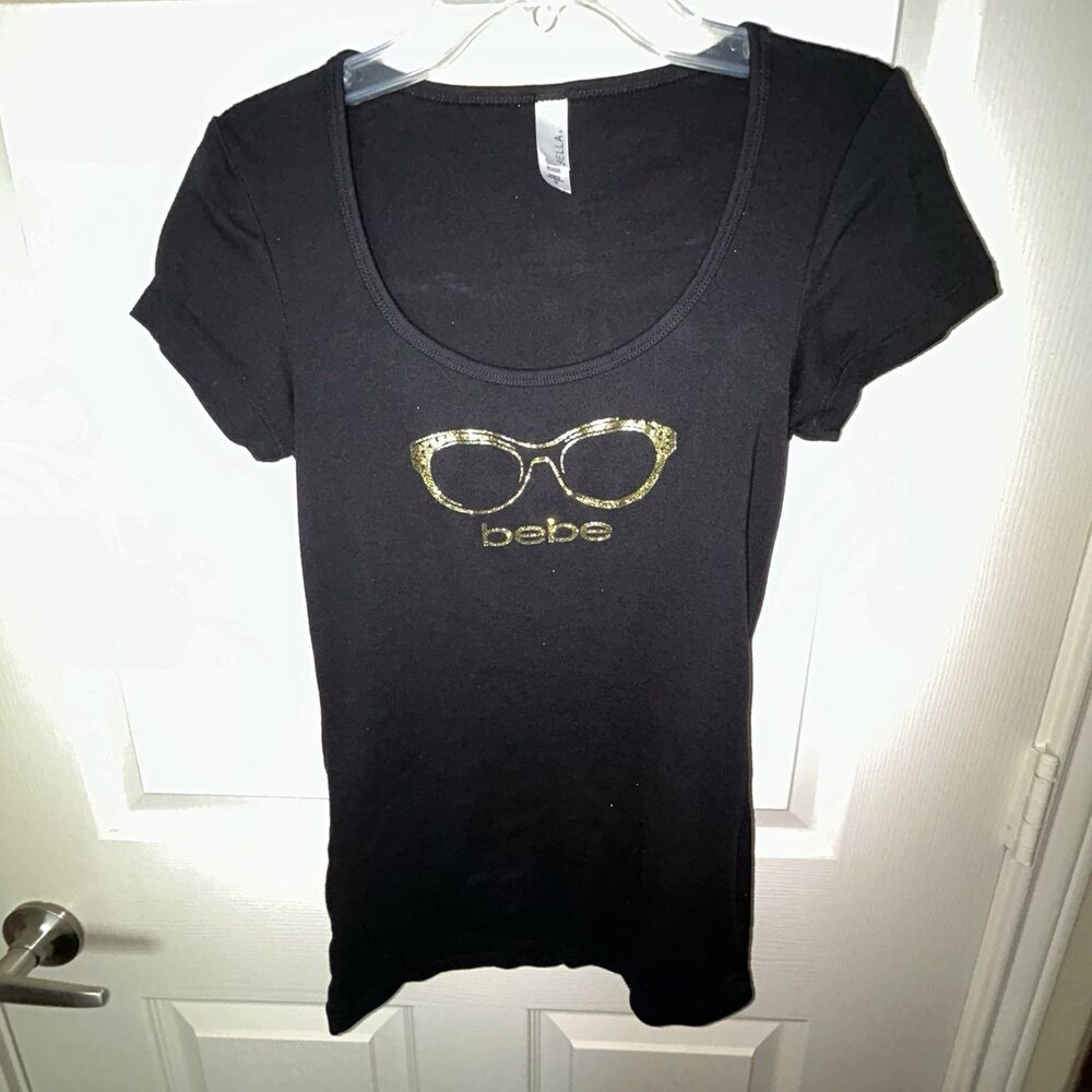BELLA Gold Glitter Bebe Glasses Graphic T-Shirt M Scoop Neck Cotton Blend Y2K